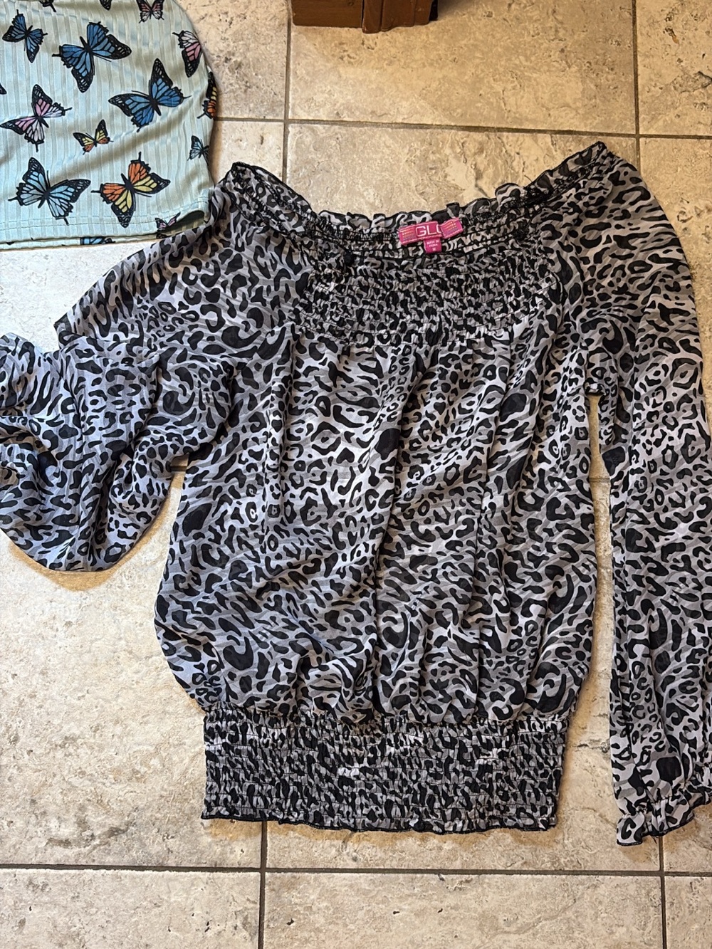 Smocked Off-Shoulder Black & Gray Leopard Print Blouse